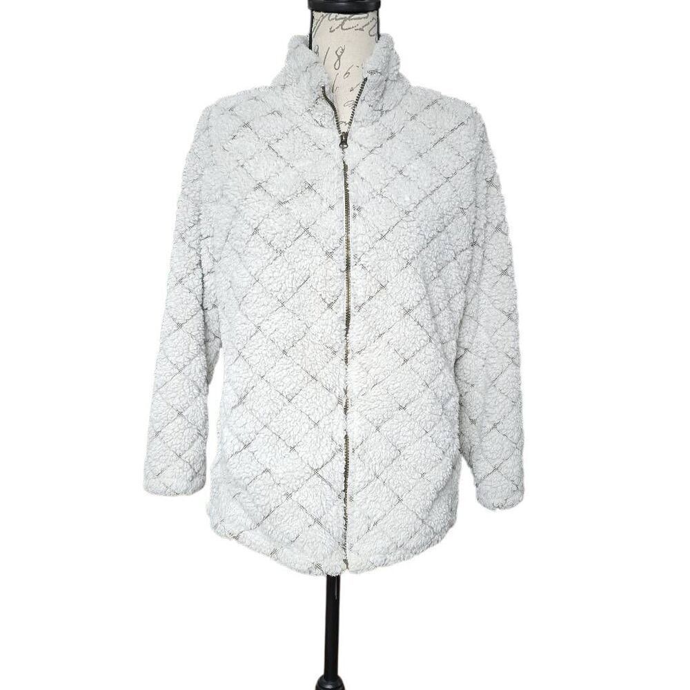 St John's Bay Women's Size L Petite Cream Diamond Pattern Fleece Full-Zip Jacket